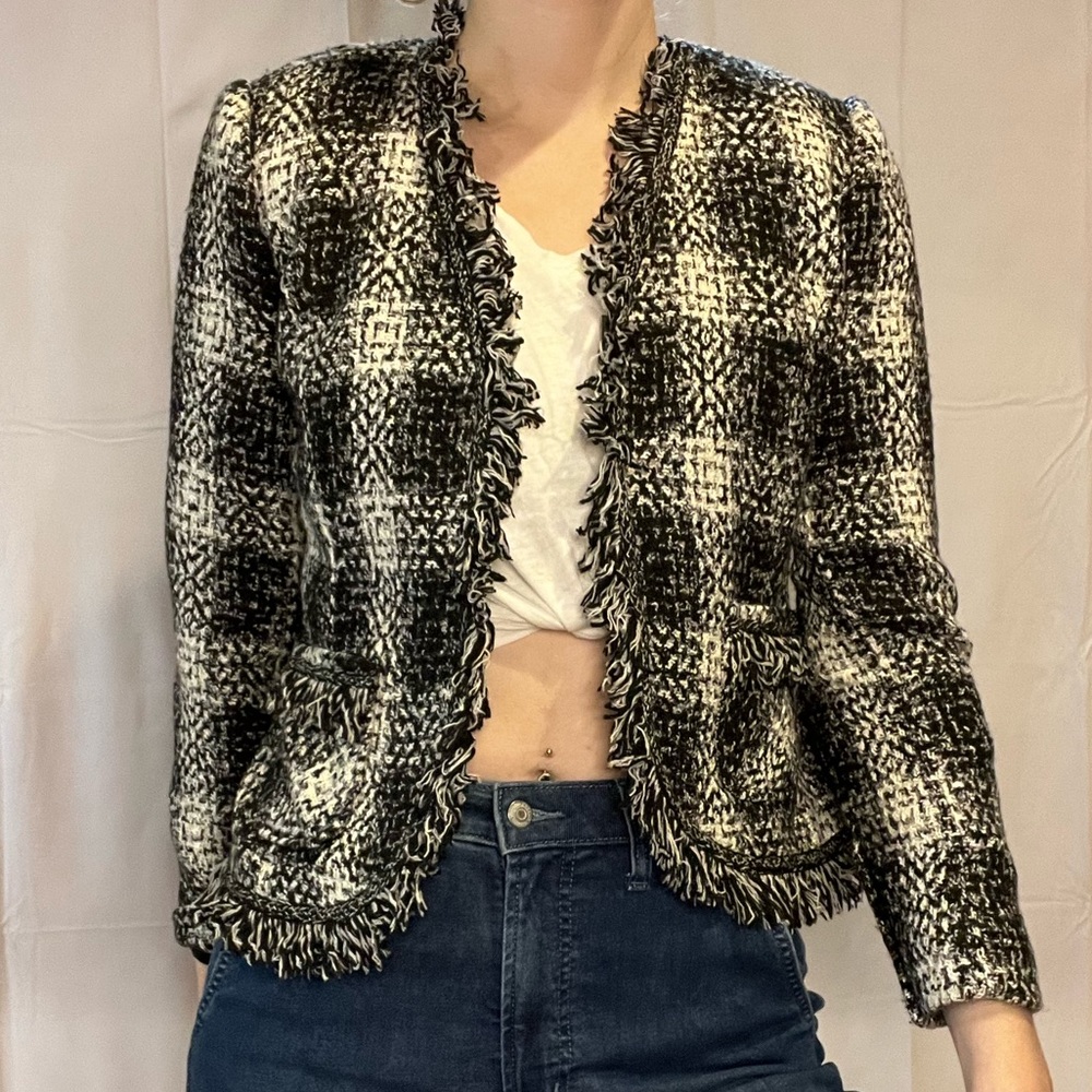 CABI | NWT Carol Anderson Love Carol black white tweed fringe blazer - Picture 2 of 14